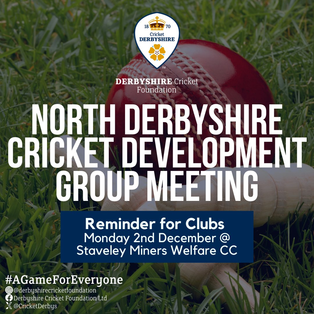 North Derbyshire Cricket Development Group Meeting

📅2nd Dec
⏰7-9 pm
📌 <a href="/StaveleyWelfare/">Staveley Welfare CC</a>

Topics covered:
•2024 season review
•ECB Inspiring Generations Strategy for 2025-28
•Area priorities

Sign up- forms.office.com/e/caz17EJzKK

Contact tom.coxhead@dcfcricket.com with questions