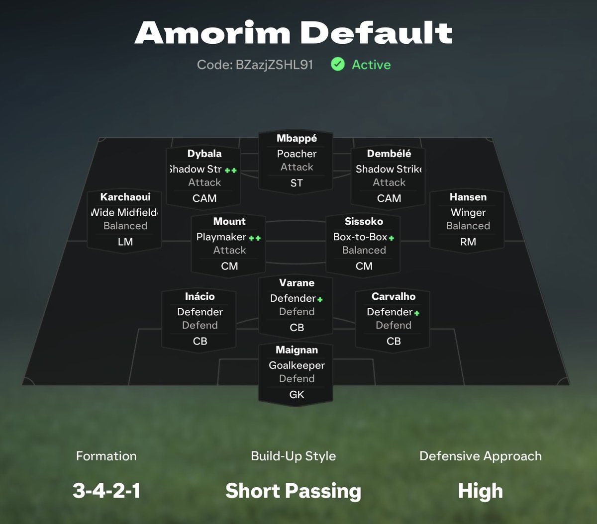 🇵🇹🏴‍☠️ 3-4-2-1 AmorimBall  🏴‍☠️🇵🇹

🔑 The Pirate’s Code: BZazjZSHL91

📋 Formation: 3-4-2-1

🎯 Playstyle: A faithful recreation of Rúben Amorim’s attacking philosophy.

✅ The Winning Formula:
In FC 25, attacking players don’t track back as effectively, which means you can exploit