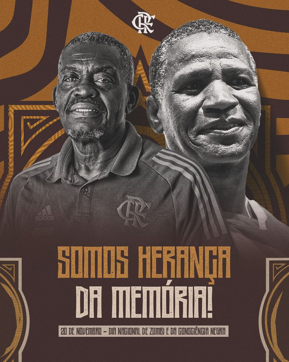 Flamengo's tweet photo. Há um provérbio africano que diz: "Quando não souberes para onde ir, olha para trás e saiba pelo menos de onde vens". Se os que vieram antes de nós são guias, a ancestralidade é um mapa. Viva Denir! Viva Adílio! Vivos na memória, no carinho com nossas cores, na infinitude de um número oito.

Em mais um Dia da Consciência Negra, celebramos e reverenciamos aqueles que abriram os caminhos para as conquistas, mas também lembramos - não só hoje, mas a cada novo amanhecer - que a luta antirracista continua. A batalha é todos os dias, a convocação é para todos nós.

✊🏿✊🏾✊🏽✊🏼✊🏻

#CRF