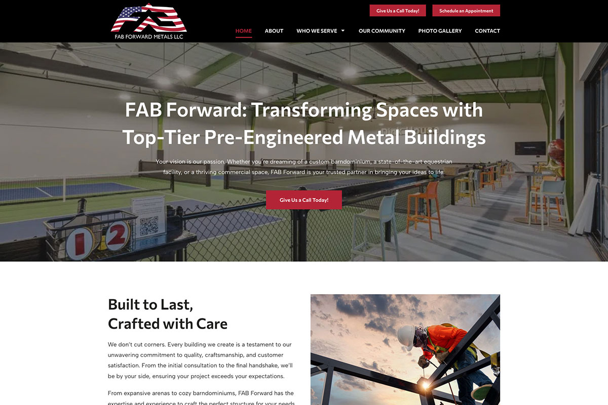 🚀 New Site for Fab Forward Metals!

Check out fabmetalsllc.com for barndominiums, metal buildings, and expert fabrication in Weatherford, TX. Proud to bring this project to life!

#WebsiteLaunch #FabForwardMetals #Barndominiums #WebDesign