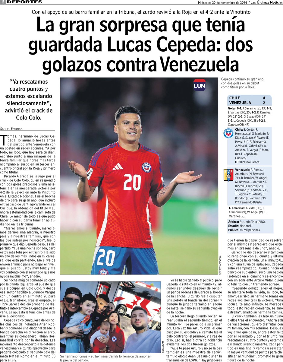 dhuina's tweet photo. Cepeda, jugador de @ColoColo,  merecía portada. ¿Hace cuanto tiempo que no veíamos esa claridad? Humilde y reposado, aportó una seguridad que hoy escasea en la selección @lun https://t.co/34N5gysYln