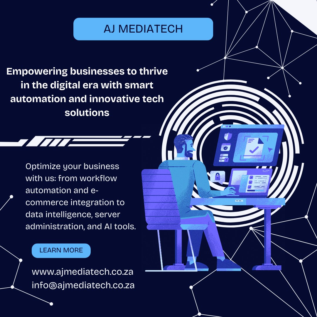 AJMediaTech's tweet image. Empower your business with smart automation! ⚙️
Optimize workflows, integrate e-commerce, and unlock success with AJ MediaTech. 🚀
📧 info@ajmediatech.co.za | 📱 WhatsAppBusiness: +27 73 088 4976 #ajmediatech #automation #techinnovation #workflowoptimization #ai #businessgrowth