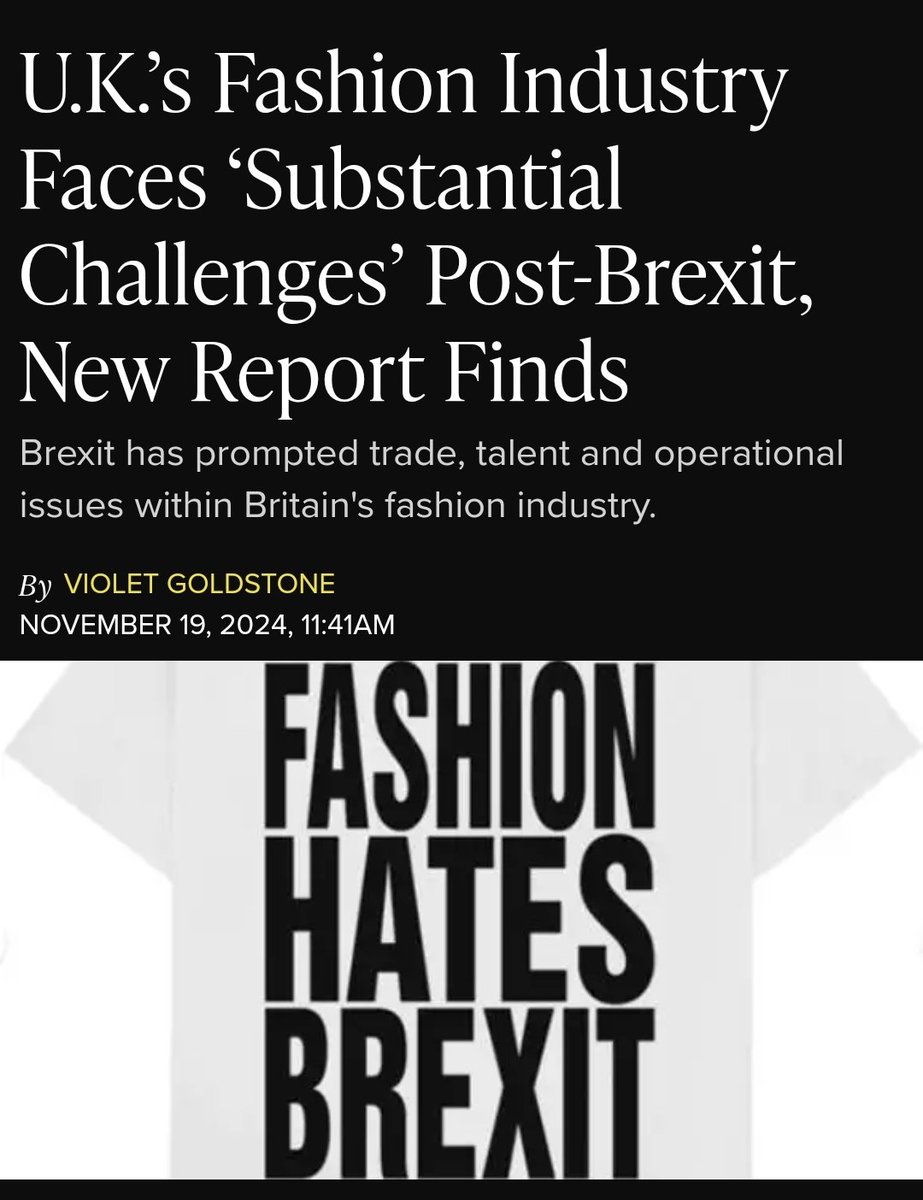 BrexitBin's tweet photo. "The British fashion industry's sales and businesses have declined as a result of Brexit. Heightened customs barriers, administrative costs, a workforce shortage, and the lack of VAT-free shopping for tourists have negatively impacted the industry's growth."
RejoinEU 🇬🇧🇪🇺 https://t.co/UEBJ8QR7hl