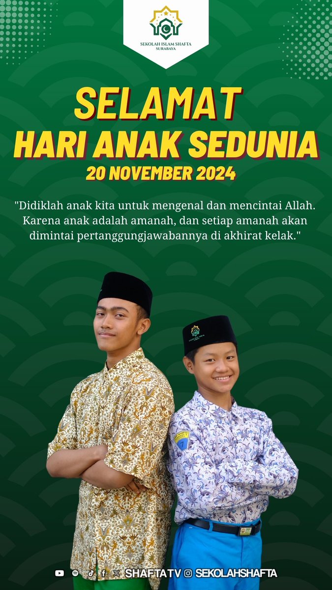 shaftatv's tweet photo. Kebahagiaan seorang anak adalah mengetahui bahwa ia dicintai. Selamat Hari Anak Sedunia💚

Yuk baca juga Artikel berikut ini👇🏻
https://t.co/5syiyrpI4h

#SekolahSHAFTA
#SHAFTATV https://t.co/OjW7brGzsd