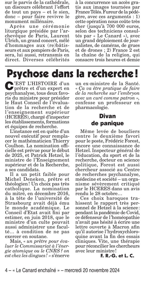 Merci au Canard Enchaîné de se soucier de la crédibilité scientifique du @HCERES_, l'organisme qui évalue l'enseignement Supérieur et la recherche. @suprecherche
Que son président soit prêtre ou psychanalyste, ce serait vraiment une mauvaise farce.