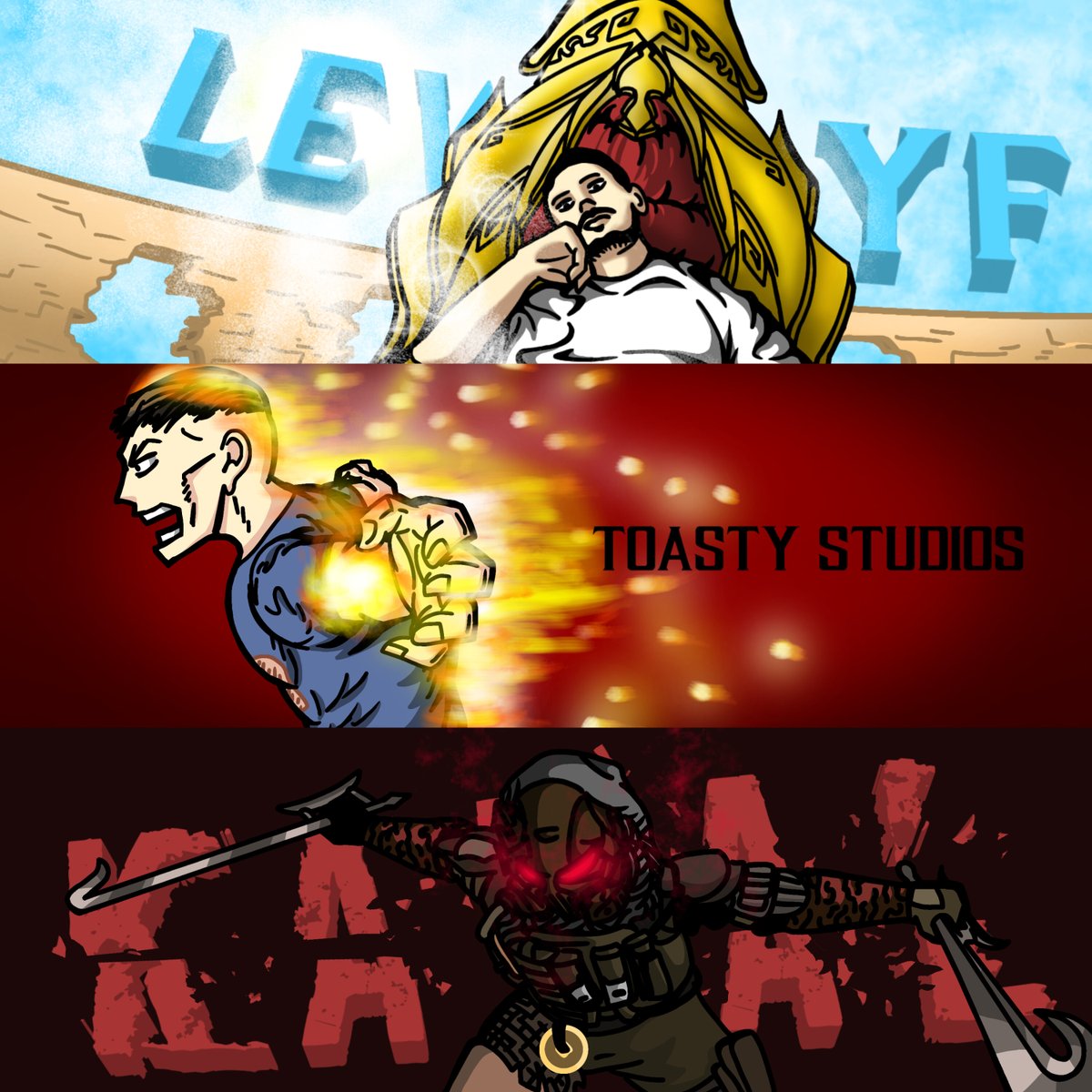 BrickyKL's tweet photo. I've finished all of it! Behold the banner of the big three legends👊🔥🐉🗡️🍞

@RyanJayy5  , @ToastyStudios_ , and @lewslyf !!! https://t.co/q38KcIUn6Q