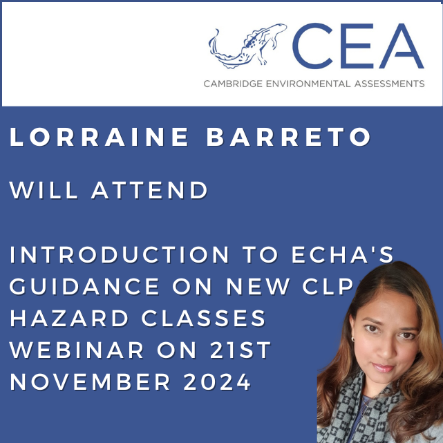 Lorraine Rodrigues Barreto will virtually attend European Chemicals Agency's webinar on Introduction to ECHA's Guidance on new CLP Hazard Classes on 21st November 2024. Find out more...

echa.europa.eu/-/introduction…