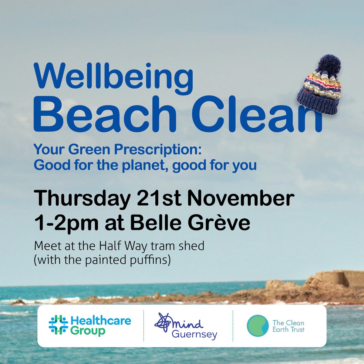 A reminder to join us for our first Wellbeing Beach Clean on Thursday 21st November, 1-2pm at Belle Grève with Healthcare Group Guernsey and CleanEarth Trust. 
Meet at the Half Way tram shed (with the painted puffins). Please wrap up warm. See guernseymind.org.gg for details.