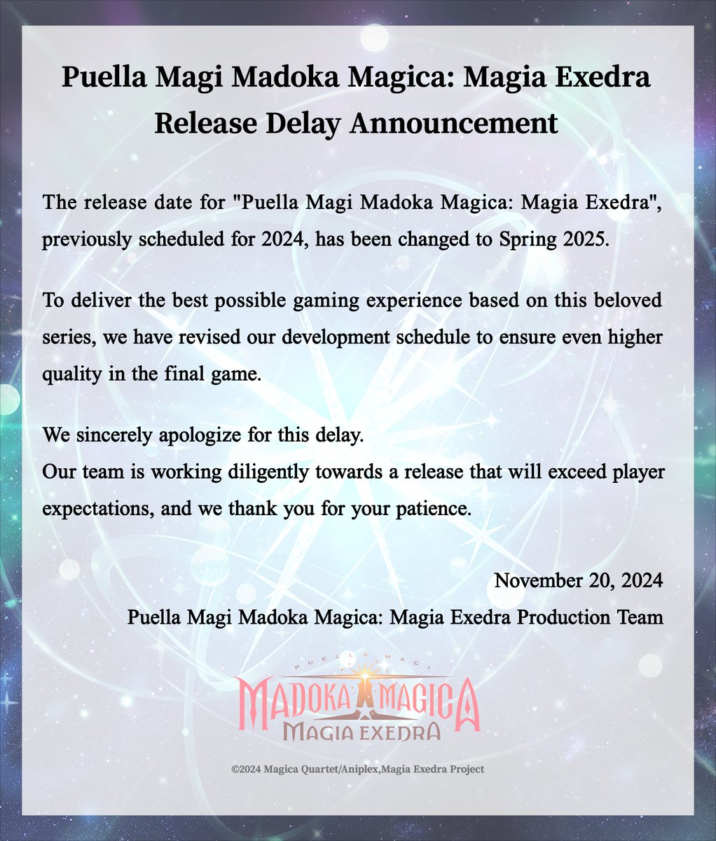 madoka_exedraEN's tweet photo. - Release Delay Announcement -
The release date for "Puella Magi Madoka Magica: Magia Exedra", previously scheduled for 2024, has been changed to Spring 2025.
We sincerely apologize for this delay.

▼#madoka_exedra Official Site
https://t.co/yj66jfzun6 https://t.co/zivtdwWLi6