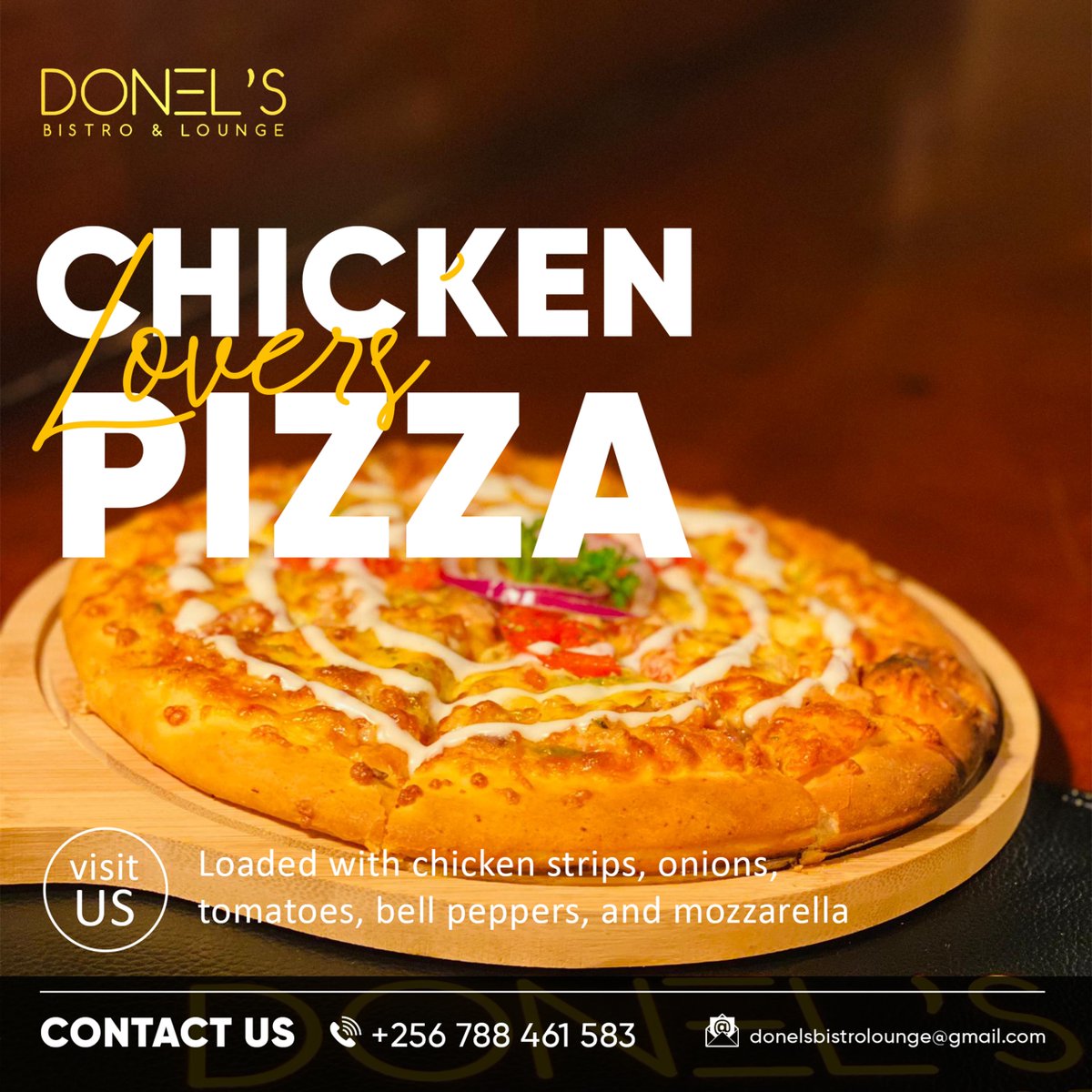 Chicken Lovers Pizza
Loaded with chicken strips, onions, tomatoes, bell peppers, and mozzarella.
📲 Call us now: +256 788 461 583 | 0709 709 044
📧 Email: donelsbistrolounge@gmail.com
#chicken #pizza #chickenpizza #pizzalovers