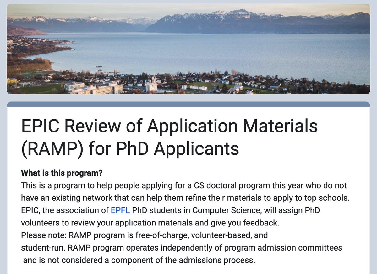 Boya Wang (@boyazwolf) on Twitter photo Applying for a CS-related PhD soon?
The PhD volunteers from EPFL's Computer & Communication Sciences department can help review and provide feedback on the SoPs and resumes of people who lack mentorship.
Register in this form forms.gle/qDMRypmzfxosWL…
Created by <a href="/shail_hash/">Shailesh Mishra</a> Applying for a CS-related PhD soon?
The PhD volunteers from EPFL's Computer & Communication Sciences department can help review and provide feedback on the SoPs and resumes of people who lack mentorship.
Register in this form forms.gle/qDMRypmzfxosWL…
Created by <a href="/shail_hash/">Shailesh Mishra</a>
