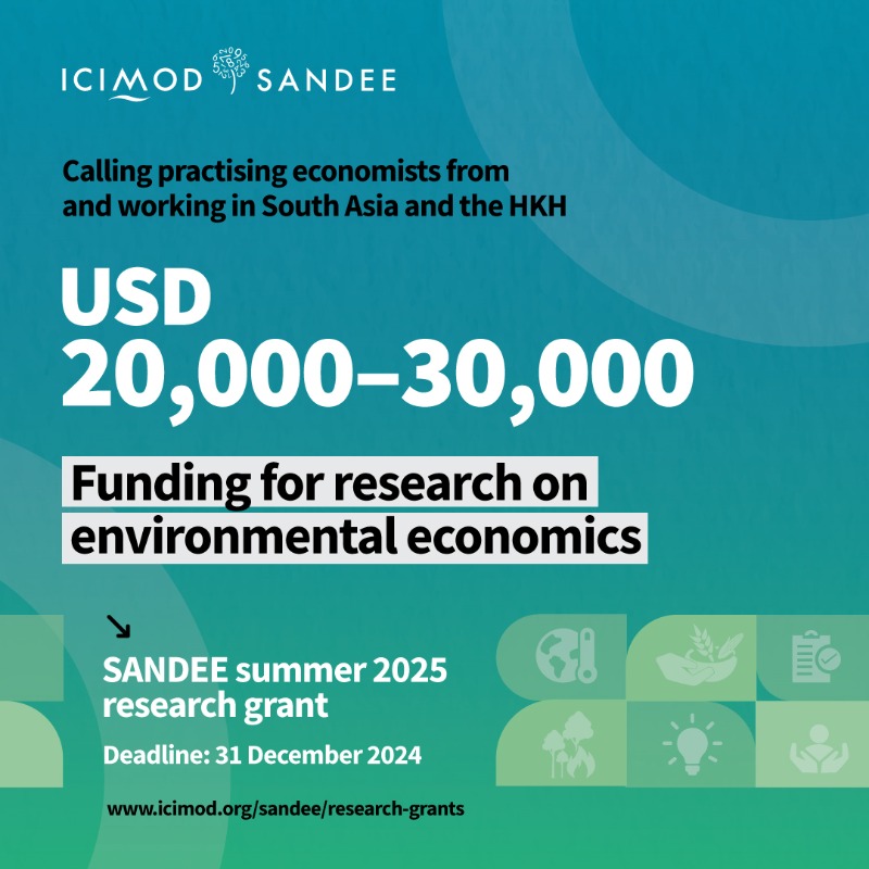 icimod's tweet photo. SANDEE's summer 2025 research grant is open.

Receive $20k-$30k for environmental &amp; natural resource economics research. Focus on climate risk, mountain economies, or global policies. 

Apply by 31 Dec: https://t.co/0fLSo4X9AT