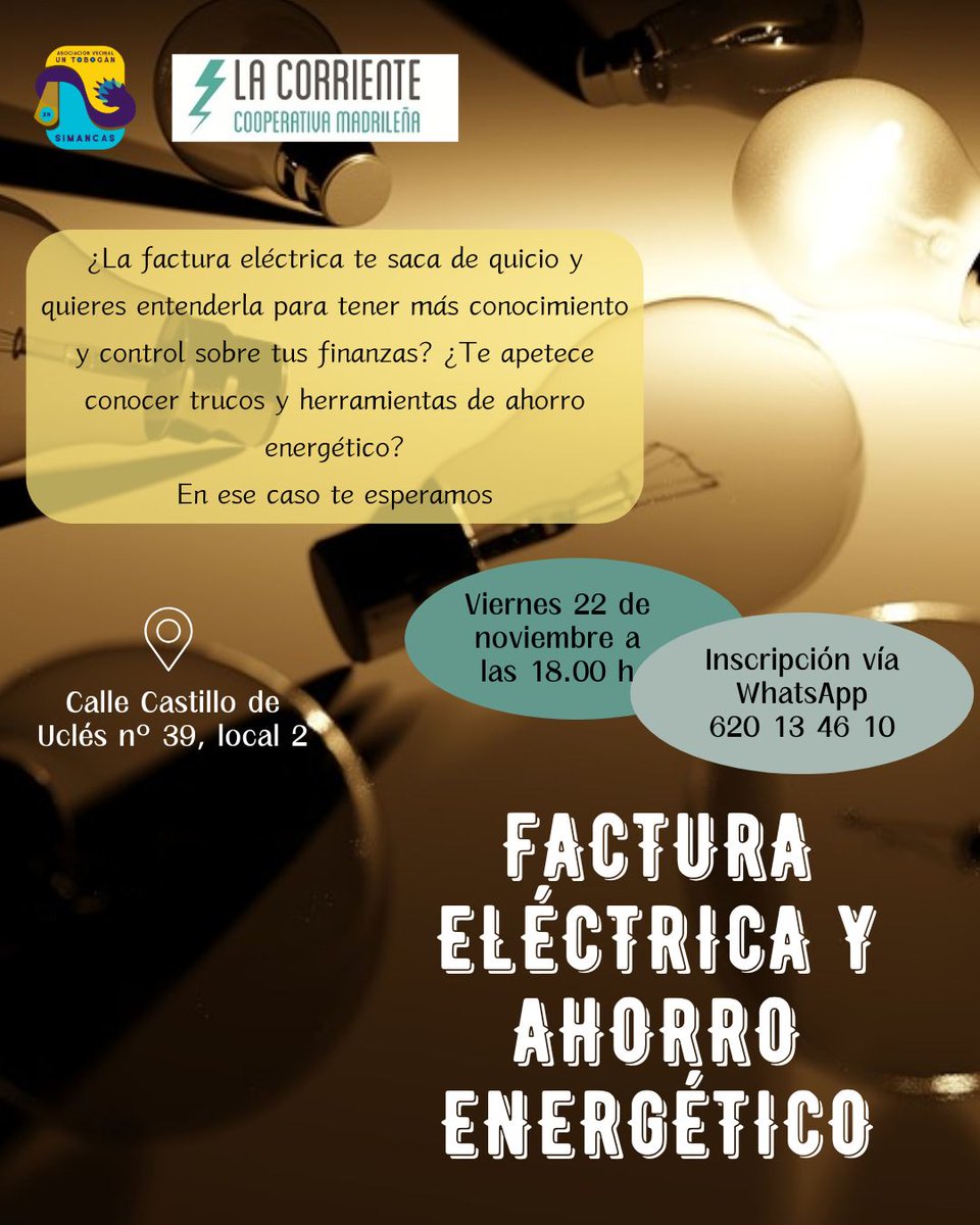 A.V Un Tobogán en Simancas (@avtobosimancas) on Twitter photo 📆 Viernes 22
⏰️18:00 h.
🚩En el local de la Asociación
Imparte <a href="/LaCorrienteCoop/">La Corriente Coop</a>
Plazas disponibles 💡
📲 Inscribete en el 620184610
#SomosBarrio
#JuntasHacemosCiudad 📆 Viernes 22
⏰️18:00 h.
🚩En el local de la Asociación
Imparte <a href="/LaCorrienteCoop/">La Corriente Coop</a>
Plazas disponibles 💡
📲 Inscribete en el 620184610
#SomosBarrio
#JuntasHacemosCiudad