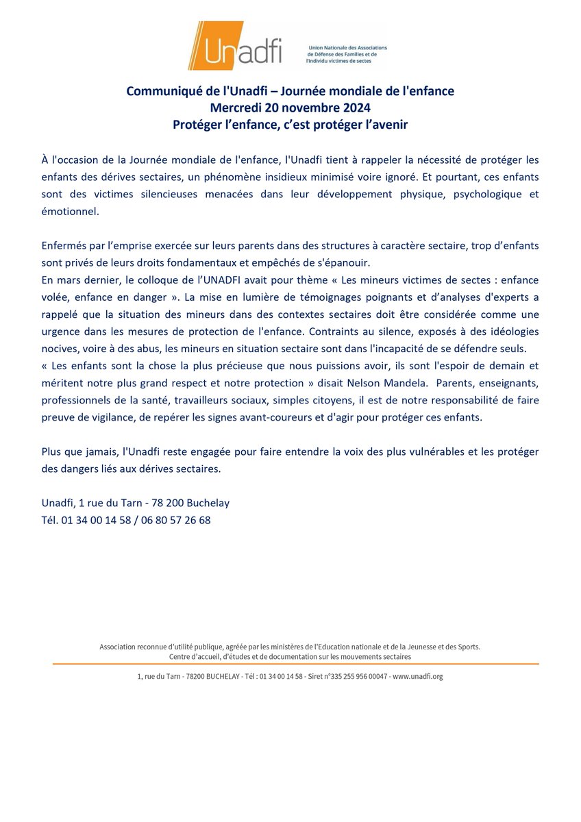 Communiqué de l'Unadfi – Journée mondiale de l'enfance
Mercredi 20 novembre 2024
Protéger l’enfance, c’est protéger l’avenir ⬇️