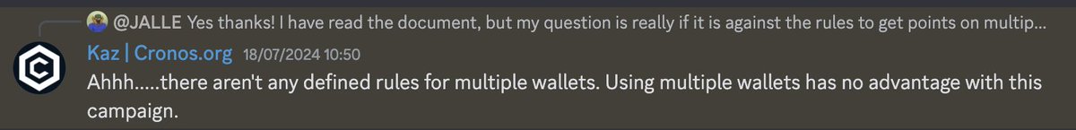 jalle_cro's tweet photo. @cronosapp I’m on the ineligible list for Pioneer rewards for using two wallets. I split assets ($60k+ on the new chain) to reduce hacking risks. I asked on Discord beforehand and was told it was fine, as you can see on the picture. What do #crofam think? @Pampadalampa @Johyo_cro @Albert_TheVoid