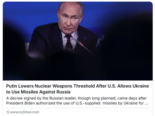 Euan_MacDonald's tweet photo. Lots of headlines like "Moscow furious over ATACMS" and "Russia threatens nukes." Where are the stories on "Washington threatens consequences for North Korea" or "US tells Russia to leave Ukraine or else"? The West, stronger than Russia, should be deterring it, not vice versa. https://t.co/NBp5PQUYfy