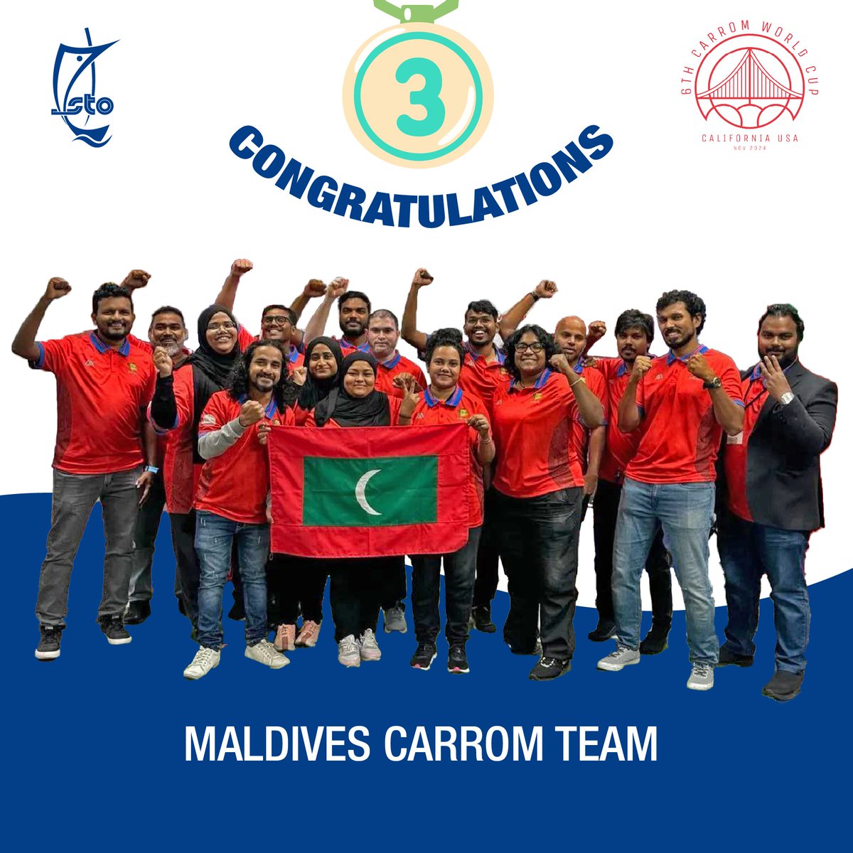 stoplc's tweet photo. Congratulations Maldives Carom Team for securing 3rd place in both Men’s and Women’s categories at the 6th Carrom World Cup! We are proud of our Procurement Manager and General Secretary of #STORC, Hussain Ali for being a key part of this achievement as the Team Manager. #teamSTO https://t.co/YfPHIyoUBv