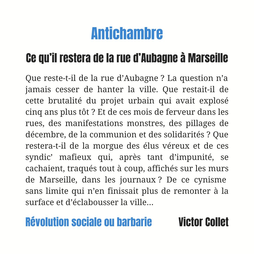 🛋 Antichambre - article en ligne !
« Ce qu’il restera de la rue d’Aubagne à Marseille »
Ces réflexions de Victor Collet, auteur en 2024 de « Du taudis au Airbnb », accompagnent l’ouverture du procès de la #RueDAubagne.
À lire en intégralité ici 👉 agone.org/ce-quil-rester…