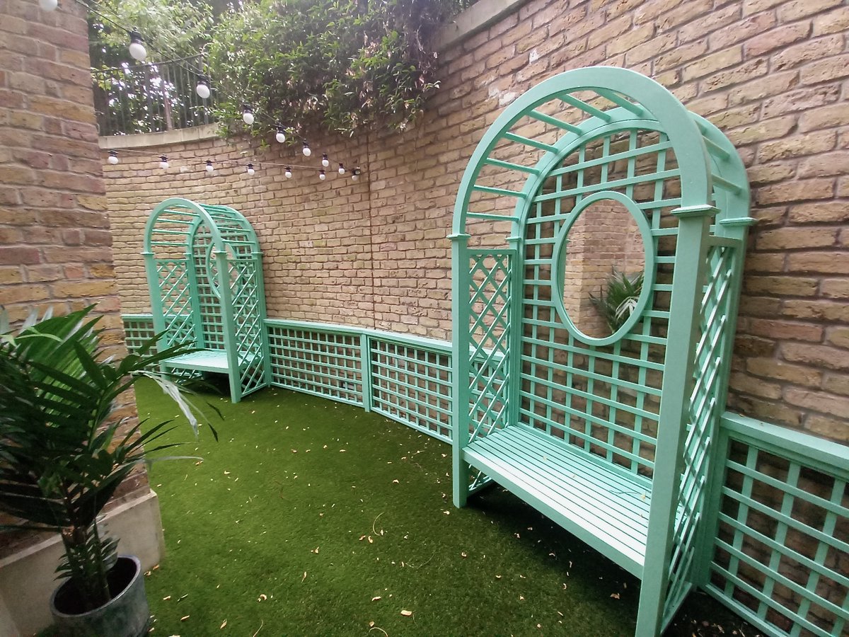 This was an interesting project for a church in London. We created #bespoke #decorativetrellis with mirrored rose arches and benches painted in Sky Blue and Green Verditer. We hope it will be enjoyed for years to come.