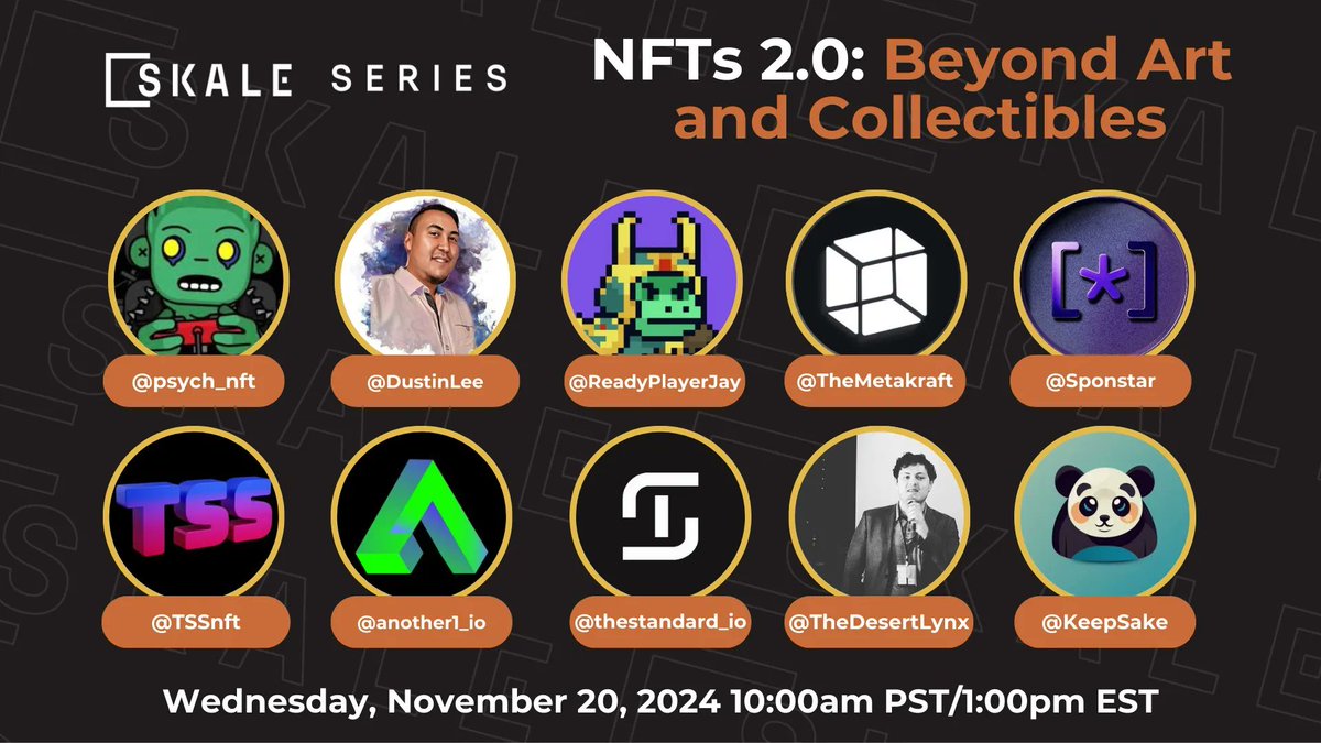 SkaleNetwork's tweet photo. Join us for NFTs 2.0: Beyond Art and Collectibles as we explore how the next evolution of NFTs is here to stay. 

From gaming and identity to real-world applications, NFTs are proving they're more than just a trend.💡

Set a reminder: https://t.co/zb3hFQv1Md https://t.co/Fa62H19qVE