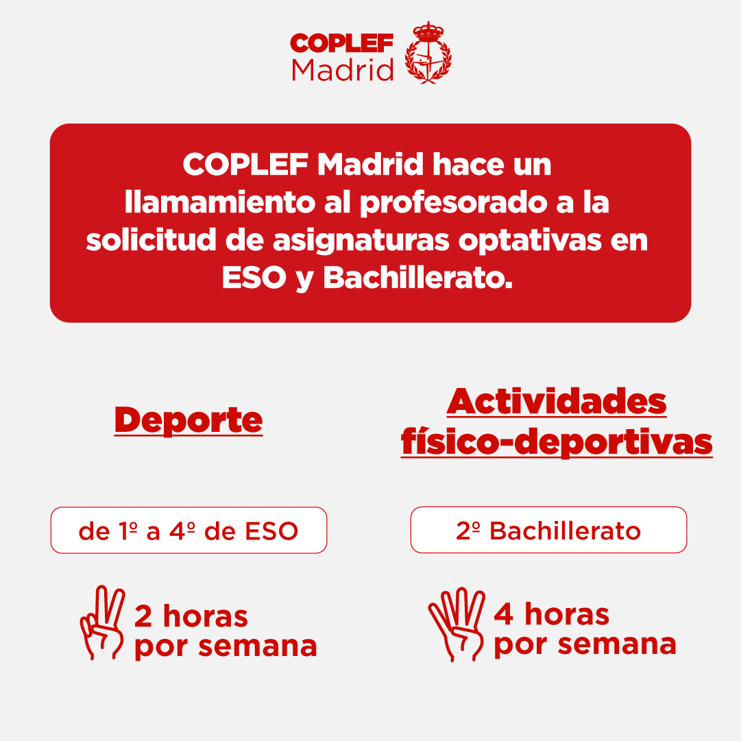 coplefmadrid's tweet photo. #EduFis
COPLEF Madrid hace un llamamiento al profesorado para la solicitud de asignaturas optativas en ESO y Bachillerato.
“Deporte” (de 1º a 4º de ESO)
“Actividades físico-deportivas” (2º Bachillerato)
Toda la info aquí: https://t.co/X2a3X9aD0C
#MasEF #1hEF https://t.co/TFSTn0oze9