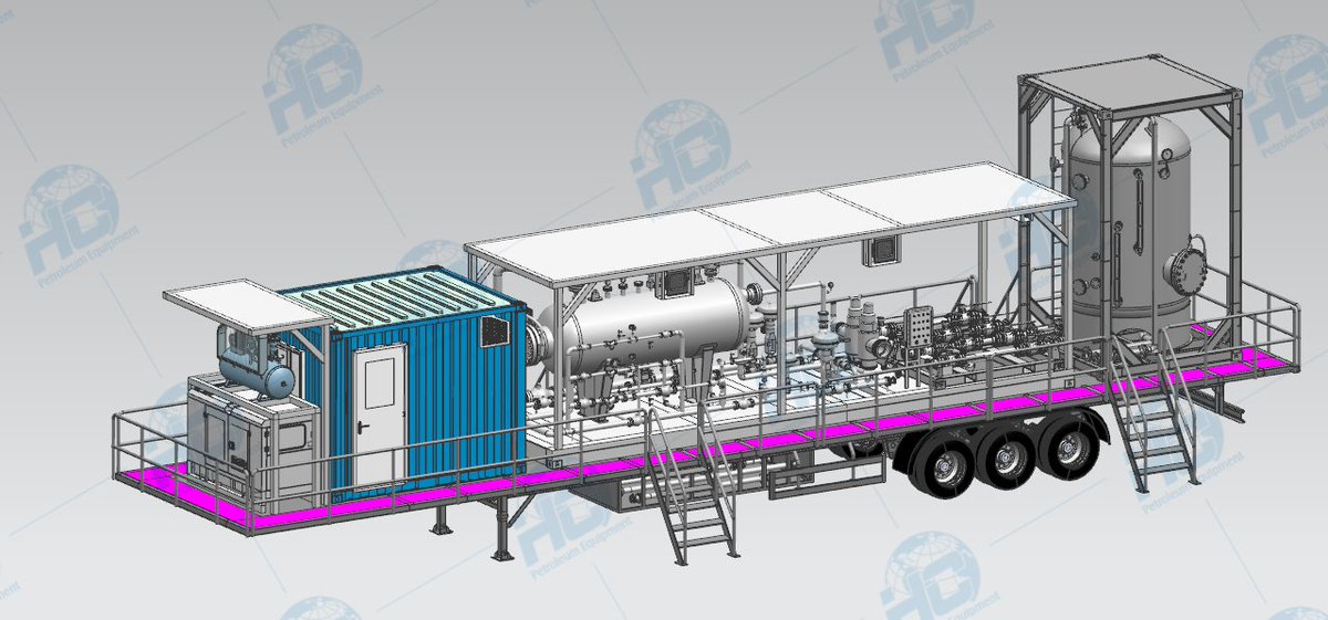 HcPetroleum's tweet photo. HC has designed a complete trailer-mounted surface testing package for a project in North Africa. This package includes essential components such as a surge tank, three-phase separator, choke manifold, and control cabinet.#OilAndGas #SurfaceTesting  #TrailerMountedEquipment  #HC https://t.co/AGM9xIjtz5