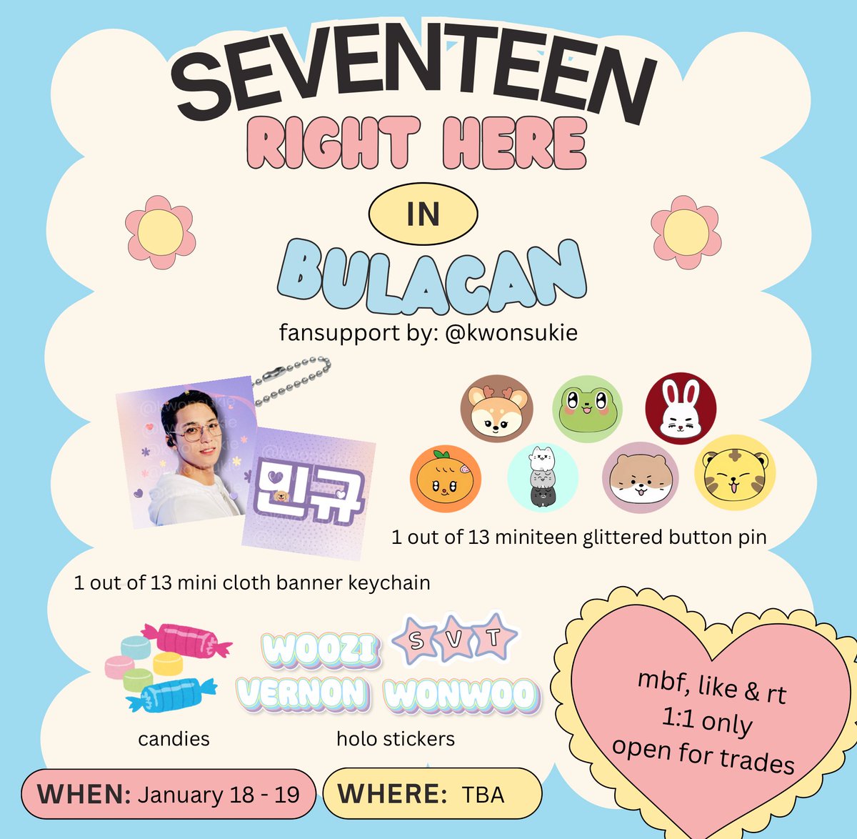 kwonsukie's tweet photo. ✧⋆° ˚ seventeen right here in bulacan˚ °⋆✧
fan support by: @kwonsukie 

𖧷 January 18 &amp; 19
𖧷 mbf, like &amp; rt
𖧷 strictly 1:1 - limited qty
𖧷 open for trades/donations

See you there! ~
 
#SEVENTEEN_RIGHT_HERE_IN_BULACAN
#SVT_RIGHT_HERE_IN_BULACAN
🏷️ svt 17rh freebies https://t.co/SPelE5UfAZ