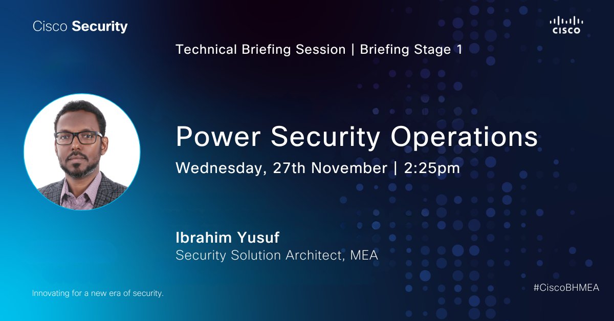 CiscoSaudia's tweet image. Join Ibrahim Yusuf at @Blackhatmea 2024 on Day 2 to learn how you can transition from endless investigations to remediating high-priority incidents with greater speed, efficiency, and confidence with @CiscoSecure 🛡️ 

Register now ➡️ cs.co/6013S5v2L
#BHMEA24 #CiscoBHMEA