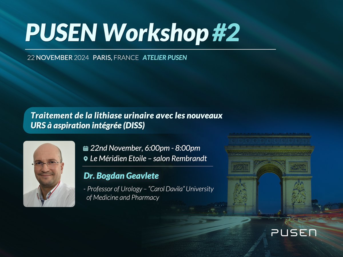 Save the date—22 November 2024! The Pusen Workshop 2 - Traitement de la lithiase urinaire avec les nouveaux URS à aspiration intégrée (DISS) will be hosted in Paris, France, with an option to join online via webinar.

📅 Date: 22nd November 2024
⏰ Time: 6 PM - 8 PM
📍 Location:
