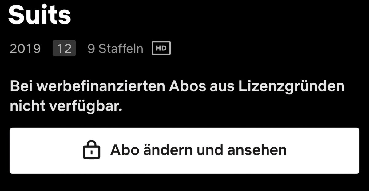 nice_TEKTION's tweet photo. Verstehe nicht, warum sowas beim Abschluss des günstigsten Werbe-Abos auf #Netflix nicht klarer kommuniziert wurde. Ich wollte eigentlich nur diese Serie "Suits" mal schauen... https://t.co/Z6K7JbQGqN