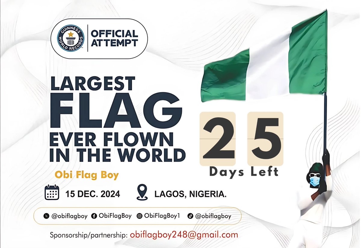 pius4doh's tweet photo. As we countdown to history in 25 days, know that it takes courage and grit to make history, history has never been made in doing nothing. @ObiFlagboy and the #FlagTeam are on the verge of hoisting the #LargestFlagEverFlown to break the #GuinnessWorldRecord by @GWR. Join the team! https://t.co/uJo4VEjjFP