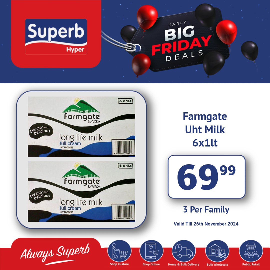 Superbhyper's tweet image. Superb Hyper Promotion
Weekly Treasures,Unbelievable Discounts
Shop Online: superbhyper.co.za
Get Same Day Delivery For Only R29! 
Order Via WhatsApp Or Email
Whatsapp:0639002200
Email:sales@superbhyper.co.za
Shop In-store:17 Smithers Road,KwaDukuza
Valid:26th November 2024
