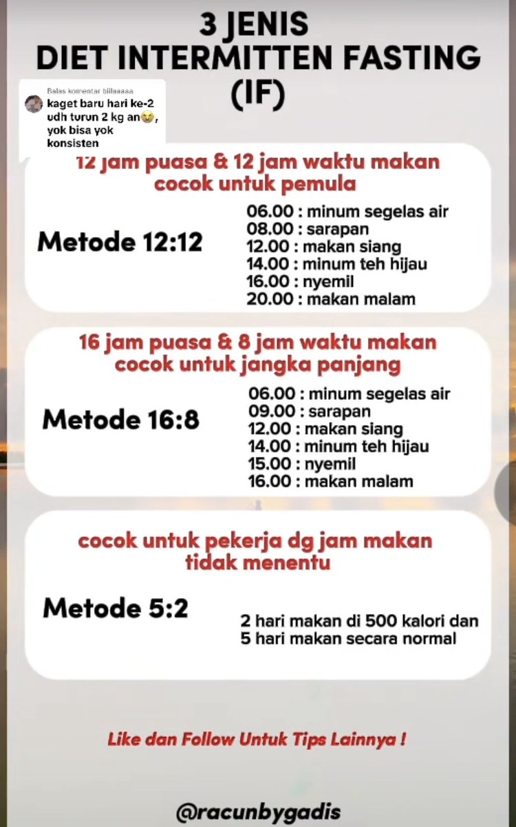 llzhraa's tweet photo. @convomf Betull, simple nya begitu. 16 jam puasa (puasa makan ya, masih boleh minum, tapi air mineral aja) dan  8 jam buka puasa. 

Kalo aku biasanya mulai dari siang, jadi skip sarapan. Buka puasa di jam 11 sd jam 7 malam, dari jam 7 malam sd jam 11 siang besok nya puasa. https://t.co/FdUbhuqh0M