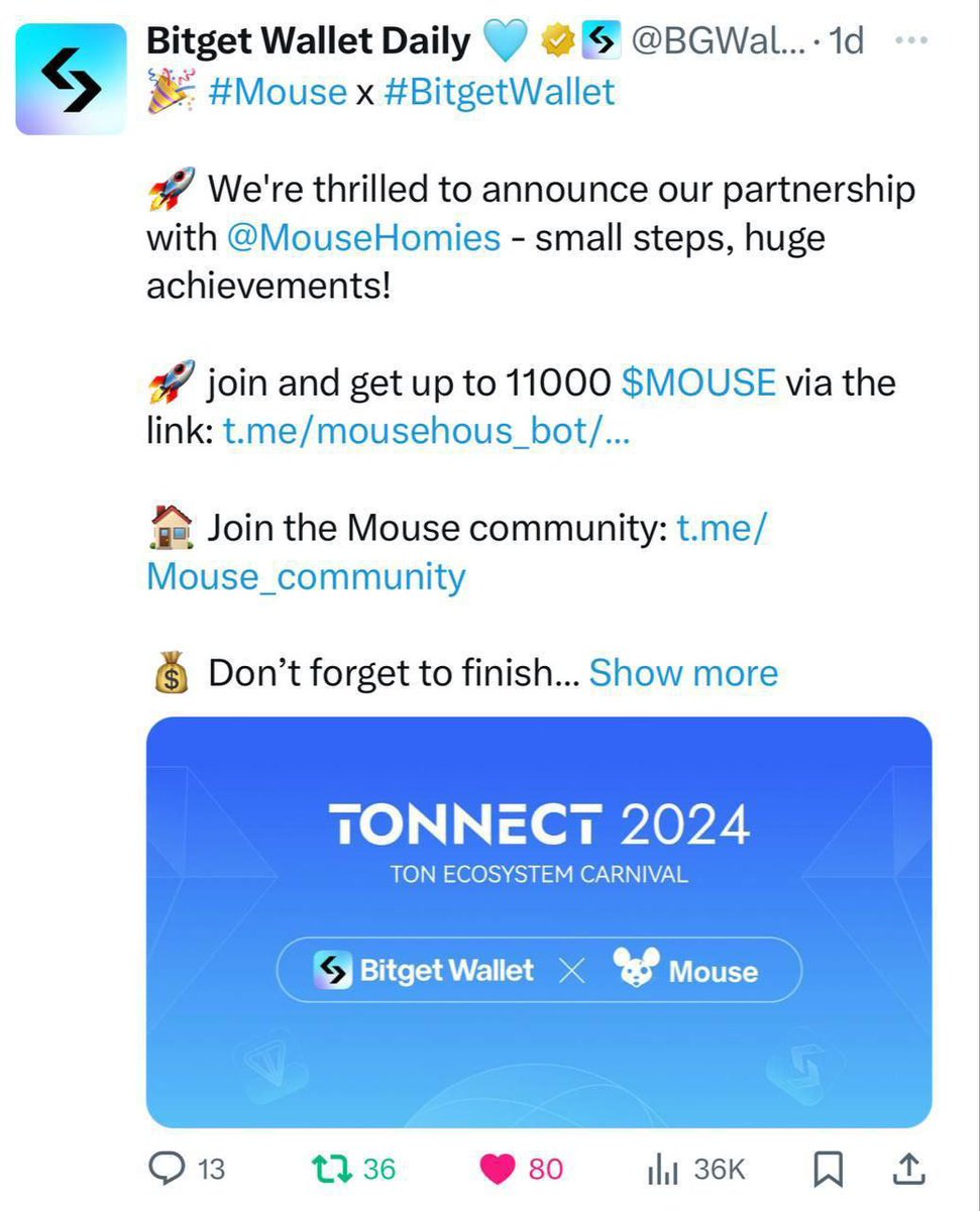 taprox_'s tweet photo. 🐭 Mouse 🐭
🐭 Launched
🐭 Farm 🐭 $Mouse and 🐭 Earn
🐭 Bitget &amp; MEXC Partner 🐭

➡️ Join here 

🐭 Click Link &amp; Start Bot 
🐭 Complete Task &amp; Daily Checkin every 24h 🐭
🐭 Airdrop : $MOUSE 
🐭 Done 🐭 https://t.co/JgAvuO6kpV
