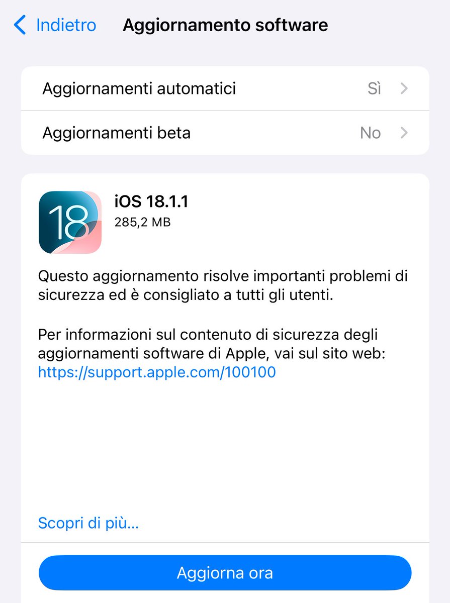 gabrielecelata's tweet photo. Aggiorno. iOS 18.1.1 https://t.co/cFLZaD09eH