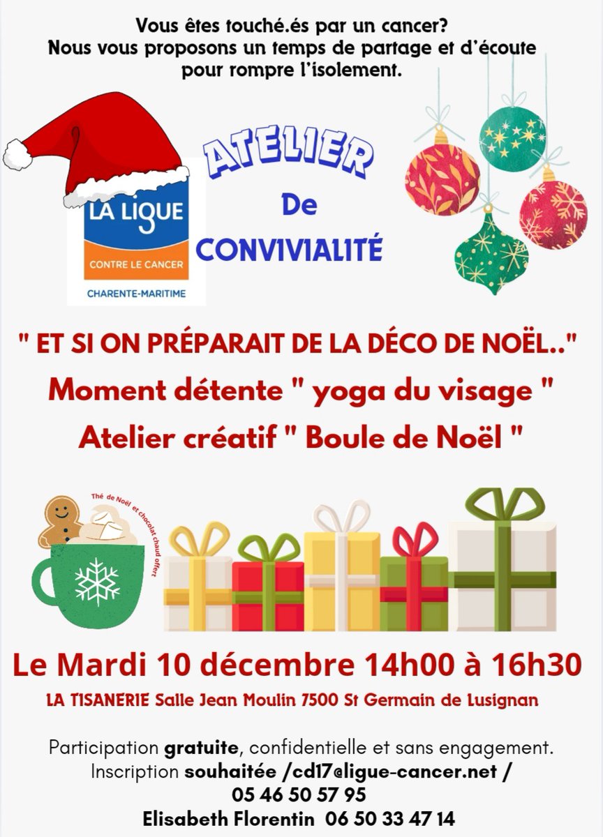Et si on préparait de la déco de Noël ?🎄​C'est ce que vous propose Elisabeth Florentin dans son atelier de convivialité du mardi 10 décembre à Saint-Germain de Lusignan ! 🎁​

➡️​Pour les personnes atteintes d'un cancer, inscription au 05 46 50 57 95 ou cd17@ligue-cancer.net