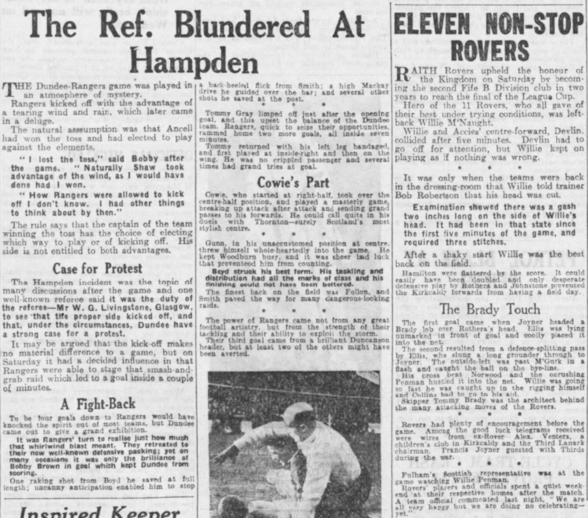 NoMovingOn's tweet photo. Dominant Raith Rovers reached the League Cup final OTD in 1948, beating fellow Division B team Hamilton 2-0 at a wet and windy Celtic Park.

Jimmy Ellis, after Francis Joyner headed on Tommy Brady’s lob, and Willie Penman clinched a March final date with Rangers. Crowd 16,751. https://t.co/ubJBQU4veA