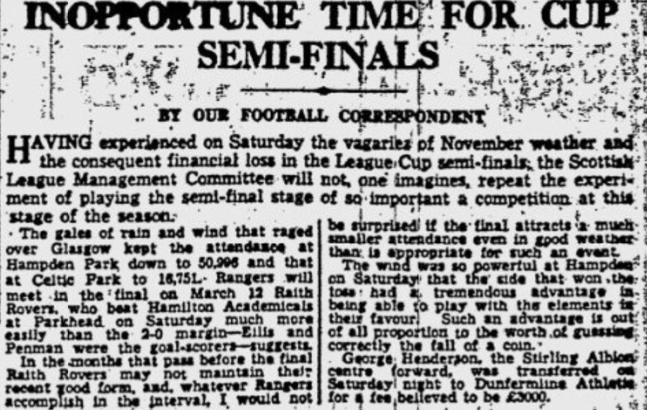 NoMovingOn's tweet photo. Dominant Raith Rovers reached the League Cup final OTD in 1948, beating fellow Division B team Hamilton 2-0 at a wet and windy Celtic Park.

Jimmy Ellis, after Francis Joyner headed on Tommy Brady’s lob, and Willie Penman clinched a March final date with Rangers. Crowd 16,751. https://t.co/ubJBQU4veA