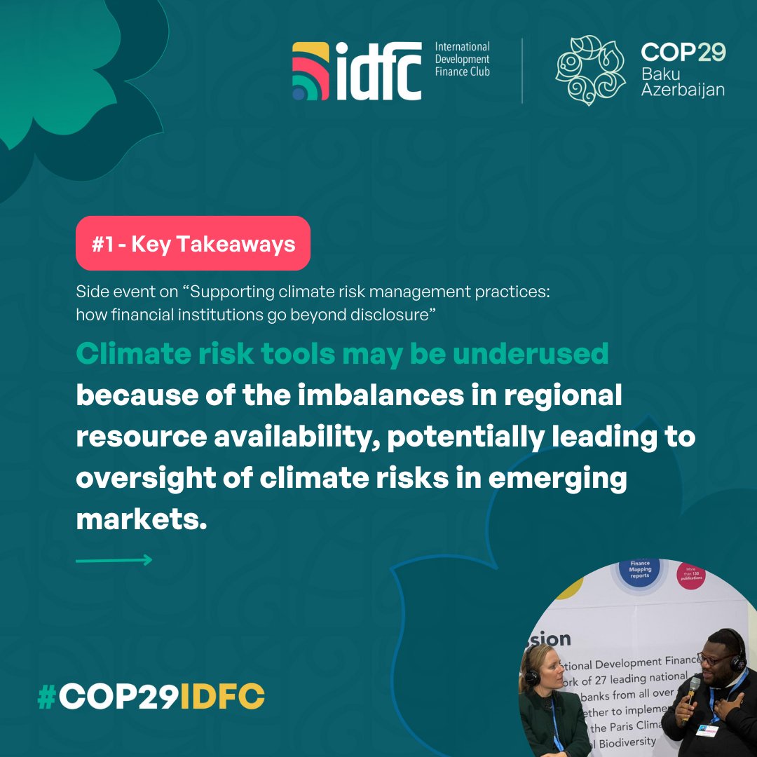 IDFC_Network's tweet photo. #COP29IDFC | Focus on Mainstreaming Climate in Financial Institutions
Side event: "๐ฆ๐๐ฝ๐ฝ๐ผ๐ฟ๐๐ถ๐ป๐ด ๐ฐ๐น๐ถ๐บ๐ฎ๐๐ฒ ๐ฟ๐ถ๐๐ธ ๐บ๐ฎ๐ป๐ฎ๐ด๐ฒ๐บ๐ฒ๐ป๐ ๐ฝ๐ฟ๐ฎ๐ฐ๐๐ถ๐ฐ๐ฒ๐: ๐๐ผ๐ ๐ณ๐ถ๐ป๐ฎ๐ป๐ฐ๐ถ๐ฎ๐น ๐ถ๐ป๐๐๐ถ๐๐๐๐ถ๐ผ๐ป๐ ๐ด๐ผ ๐ฏ๐ฒ๐๐ผ๐ป๐ฑ ๐ฑ๐ถ๐๐ฐ๐น๐ผ๐๐๐ฟ๐ฒ"
โฌ๏ธ Dscover below the key takeaways shared by the experts during this insightful event.
๐ก Financial institutions were recognized as important players in building resilience against climate impacts by integrating climate-related risks into their frameworks and strategies.
This event aimed to:
1๏ธโฃ Highlight recent findings on climate risk management relevant to financial institutions
2๏ธโฃ Foster experience sharing on how financial institutions could work together for better climate risk management
3๏ธโฃ Support the identification of financial instruments that adapted to the risks faced by financial institutions' counterparties.
Ultimately, the event sought to help financial institutions better contribute to addressing global climate risks, target their assistance to increase resilience in local economies, and go further beyond risk disclosure.
Thank you to all the panelists:
- Jaspreet Kaur, @climatepolicy
- Remco Fischer, @UNEP_FI
- Natasha Chaudhary, @I4CE_
- Alina Mika, @EBRD
- Nora Lambrecht, @the_IDB
- Amal Benaรฏssa, PhD, Bank Of Africa
- Dr. komlanvi MOGLO, @BOAD_official
- Yukichi Usui, @jica_direct_en
- @ClaireEschalier , @I4CE_