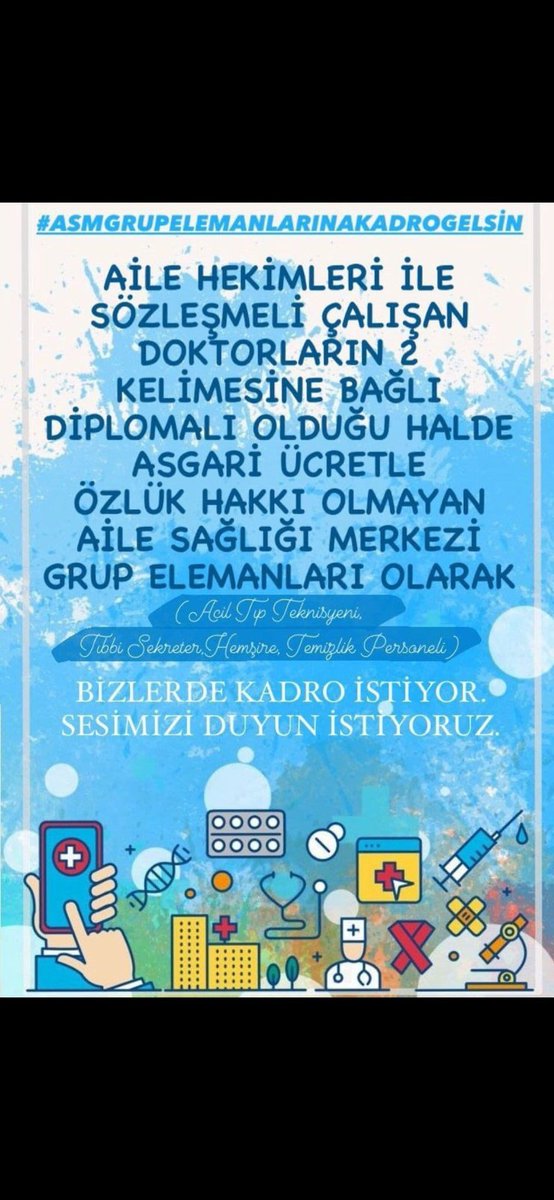 <a href="/asmgruplandirma/">Aile Sağlığı Merkezi Grup Elemanları Derneği</a> <a href="/aylinyaman_/">Dr. Aylin Yaman</a> <a href="/drmemisoglu/">Prof. Dr. Kemal Memişoğlu</a> <a href="/saglikbakanligi/">T.C. Sağlık Bakanlığı</a> Birinci basamakta ikinci sınıf muamele görüyoruz

#asmdeişbarışısağlansın