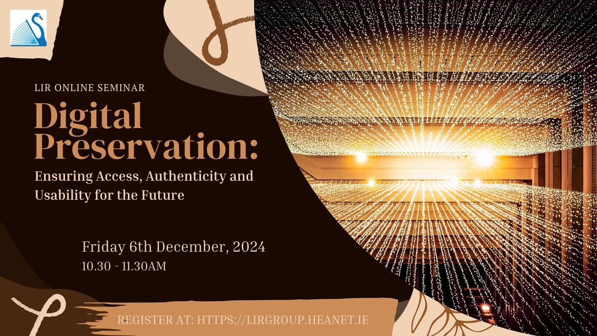 We are delighted to invite you to an online seminar, "Digital Preservation: Ensuring Access, Authenticity, and Usability for the Future", taking place Friday 6th December from 10:30-11:30am.  For details and booking go to: lirgroup.heanet.ie/index.php/digi…    
#LIRDigitalPreservation