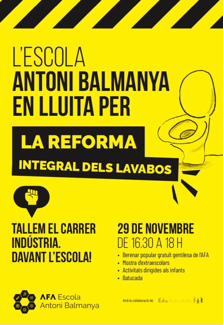 TALLEM INDÚSTRIA💪🏻
Les famílies de l'<a href="/escbalmanya/">Escola Antoni Balmanya</a> estem en lluita per aconseguir la reforma integral dels lavabos.
El proper 29-N tallarem c Indústria de 16:30-18 h. Tindrem:
🥪Berenar gentilesa de l'AFA
🥁Batucada
🤸Mostra d'extraescolars
🥳Activitats pels infants

NO HI FALTEU!