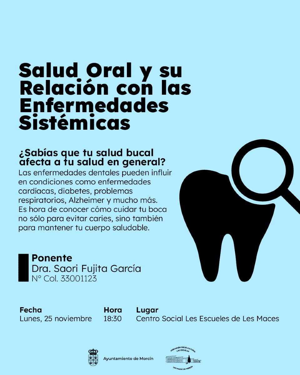 aytomorcin's tweet photo. 📢 Salud oral y su relación con las enfermedades sistémicas

La doctora Saorí Fujita García estará el próximo lunes 25 de noviembre, a las 18.30 horas, en el Centro Social de Les Maces.

¡No te lo pierdas! 🦷

#morcín #saludoral #centrossociales #asturias https://t.co/ZxHzrkbgzP
