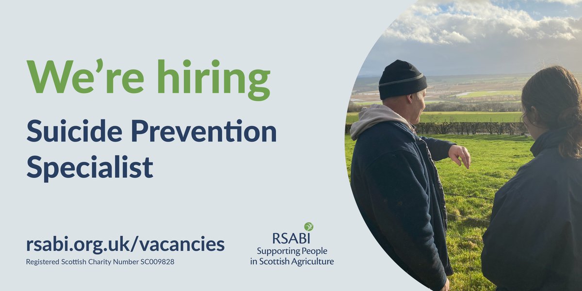 ⭐️We're hiring⭐️ RSABI is looking to appoint a Suicide Prevention Specialist to join our dedicated team who support people in Scottish agriculture 365 days a year. The role has been developed in partnership with <a href="/SAMHtweets/">SAMH</a> and we’re looking for a special person to support our