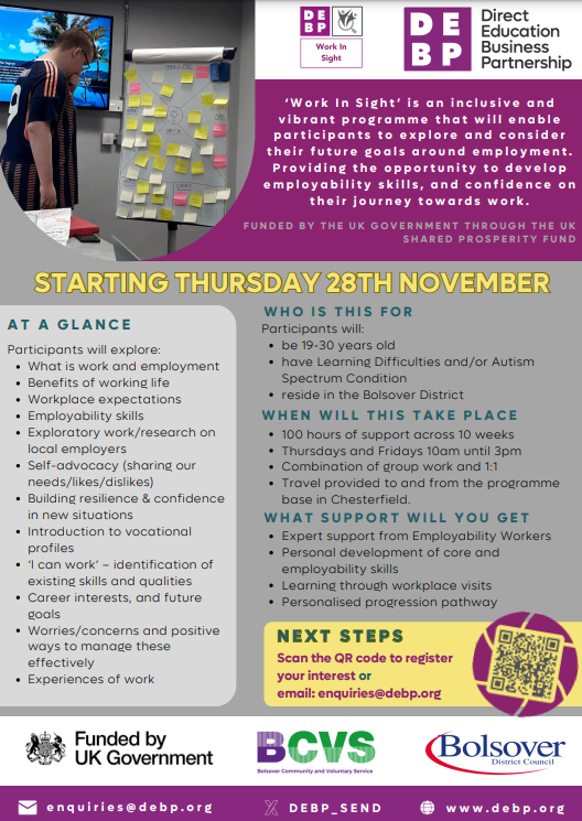 DEBP_SEND's tweet photo. ‘Work In Sight’ is an inclusive and vibrant programme that will enable participants to explore and consider their future goals around employment.
Find out more at: https://t.co/OF3isrCVze
#workinsight #Inclusion #employabilityskills https://t.co/ChO0EDC0hm