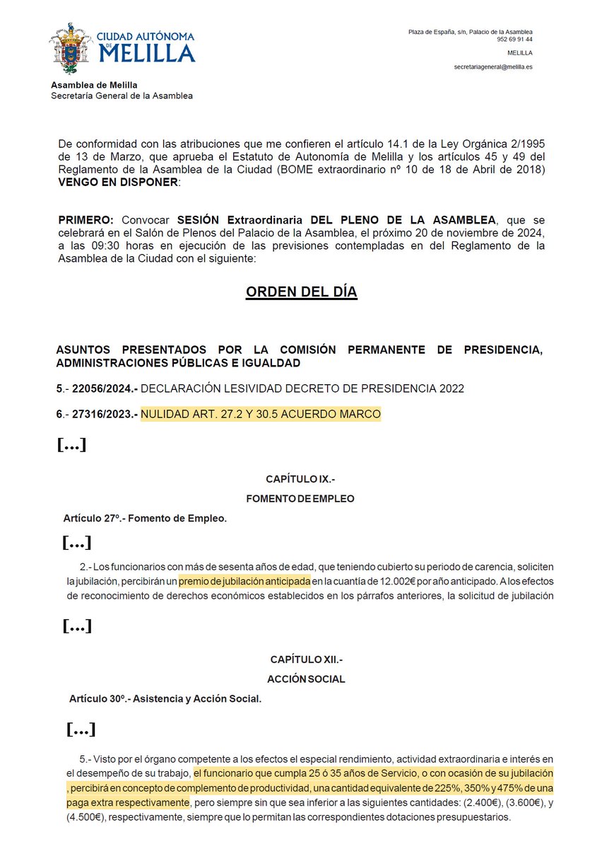 📢Hoy se debate en el Pleno de la Asamblea la NULIDAD de varios artículos del Acuerdo Marco del Personal Funcionario, que recogen derechos laborales como:

➡️El premio de jubilación, un reconocimiento a toda una vida de servicio público.

➡️El complemento de productividad,