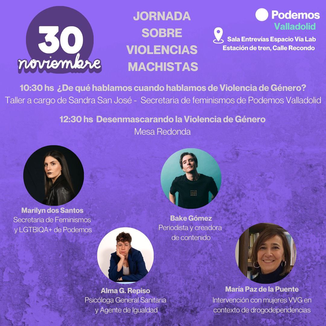 El próximo día 30 celebramos una nueva jornada de formación. 
En esta ocasión hablaremos y aprenderemos sobre violencias machistas.
Tendremos una mesa de lujo con Bake Gómez, <a href="/Marilynlynlyn_/">Marilyn dos Santos</a> , Alma G. Repiso #Psicobar y María Paz de la Puente de <a href="/ProyectoHombreV/">Proyecto Hombre Valladolid</a> 
¡No faltéis! 💪