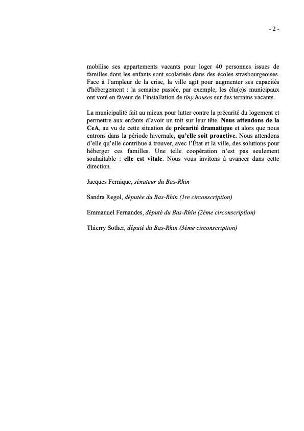 📢 Courrier commun de 4 parlementaires du Bas-Rhin au Président de la CeA <a href="/F_Bierry/">Frédéric BIERRY</a>. 

Notre demande : que la CeA prenne ses responsabilités et héberge urgemment dans ses logements vacants les 8 #enfants du collège Lezay-Marnesia qui dorment à la rue et leurs familles❗️