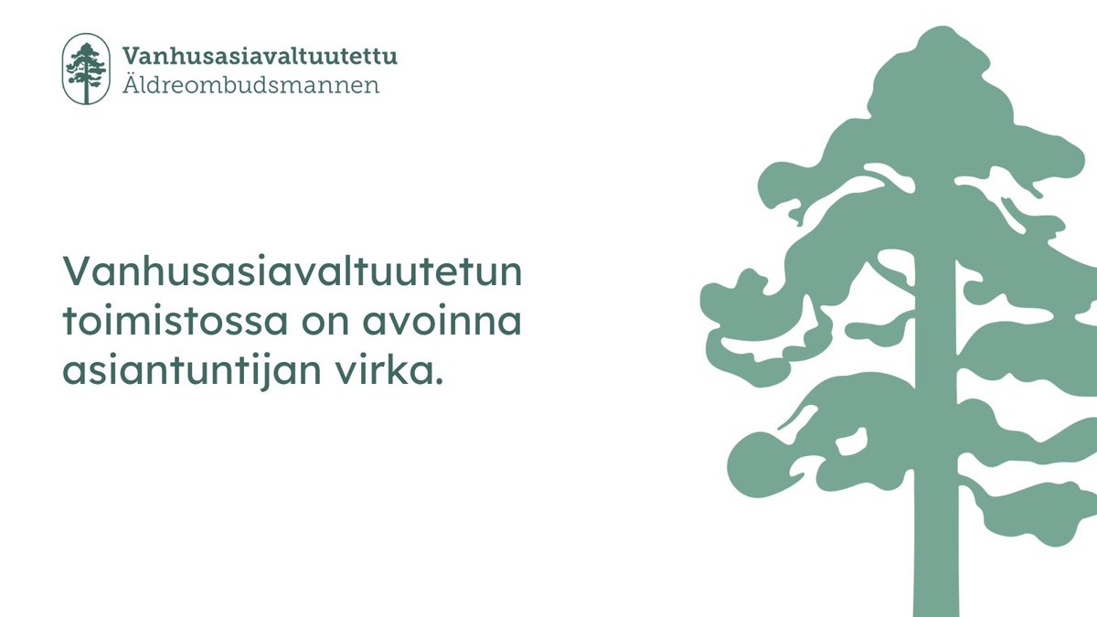 Vanhusasiavaltuutetun toimistossa on haettavana asiantuntijan virka iäkkäiden oikeuksien edistämiseen liittyvissä tehtävissä.

Tutustu avoimeen tehtävään ja hae viimeistään 9.12.2024:

📌 vanhusasia.fi/-/vanhusasiava…