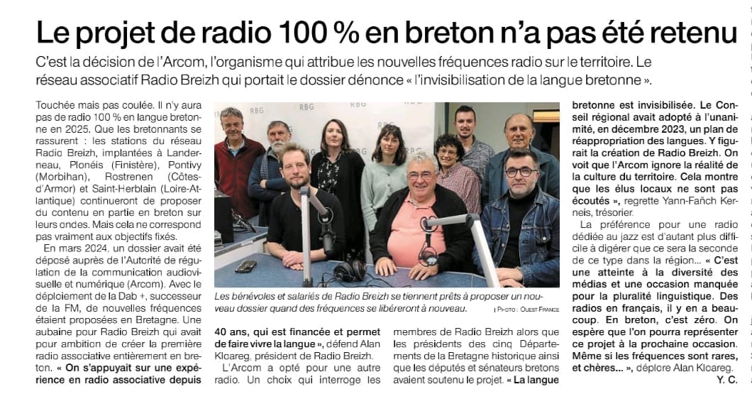 🗞️ « On regrette d’être discriminé » : le projet d’une radio 100 % en breton rejeté par l’Arcom

🧐 Ur pennad da lenn e-barzh Ouest-France :
ouest-france.fr/.../on-regrett…...

#bzhg #radiobreizh